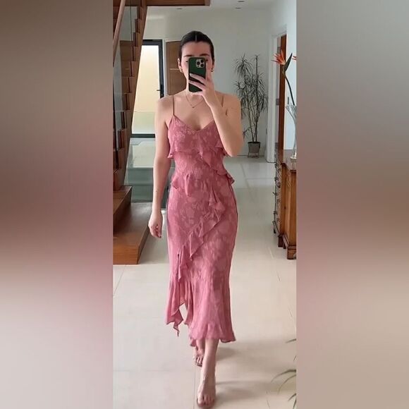 Nwt ZARA RUFFLED JACQUARD DRESS MARSALA Pink Dusty - Picture 13 of 17